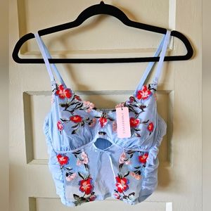 Understance embroidered floral sky blue bustier crop top NWT